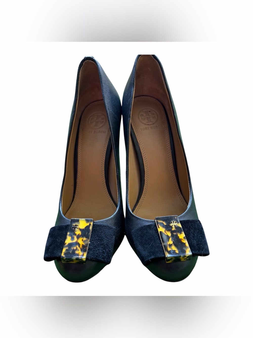 Tory Burch Navy Leather Pumps with Tortoiseshell Bow Accent